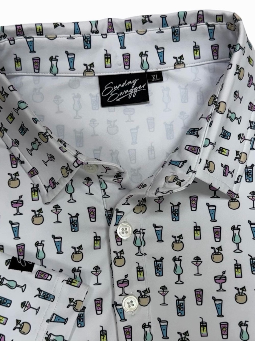 Sunday Swagger Polo Shirt Men XL White Cocktail Drink Print Golf Performance AOP